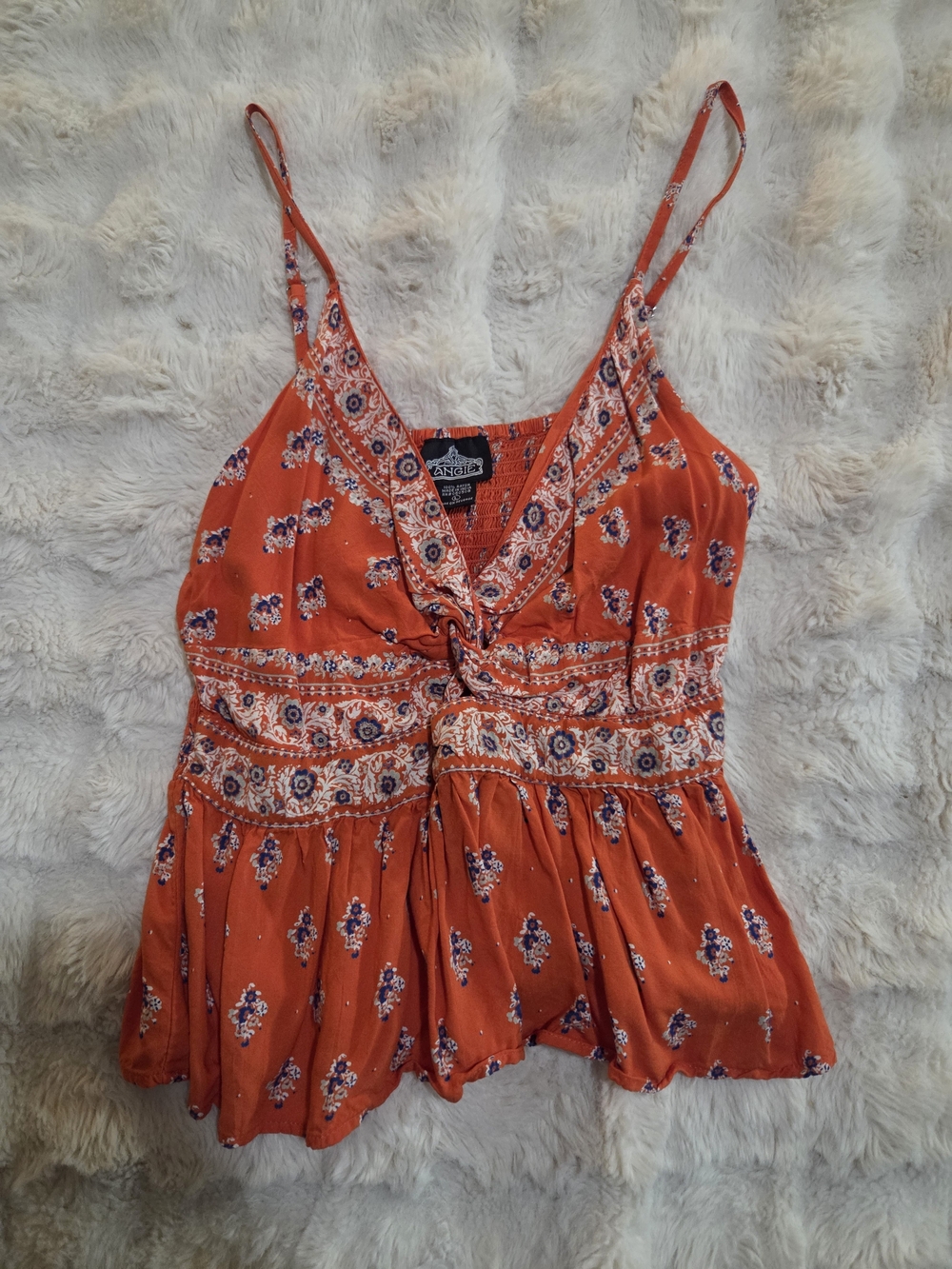 Orange Floral Knot-Front Cami Top Large